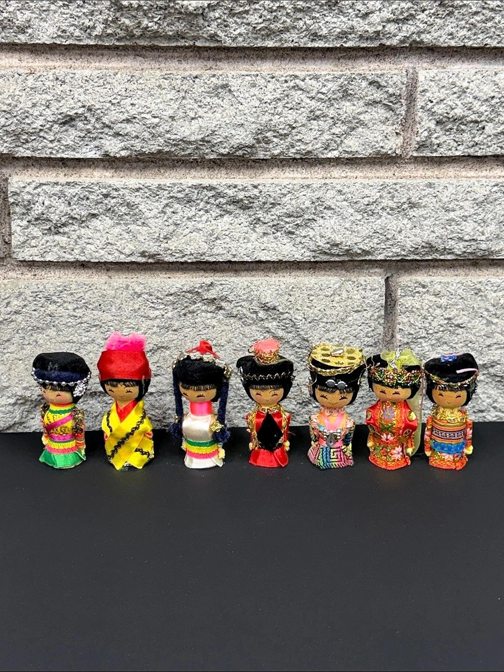 Set of 7 Miniature Wooden Asian Folk Art Costume Dolls 3 Inch